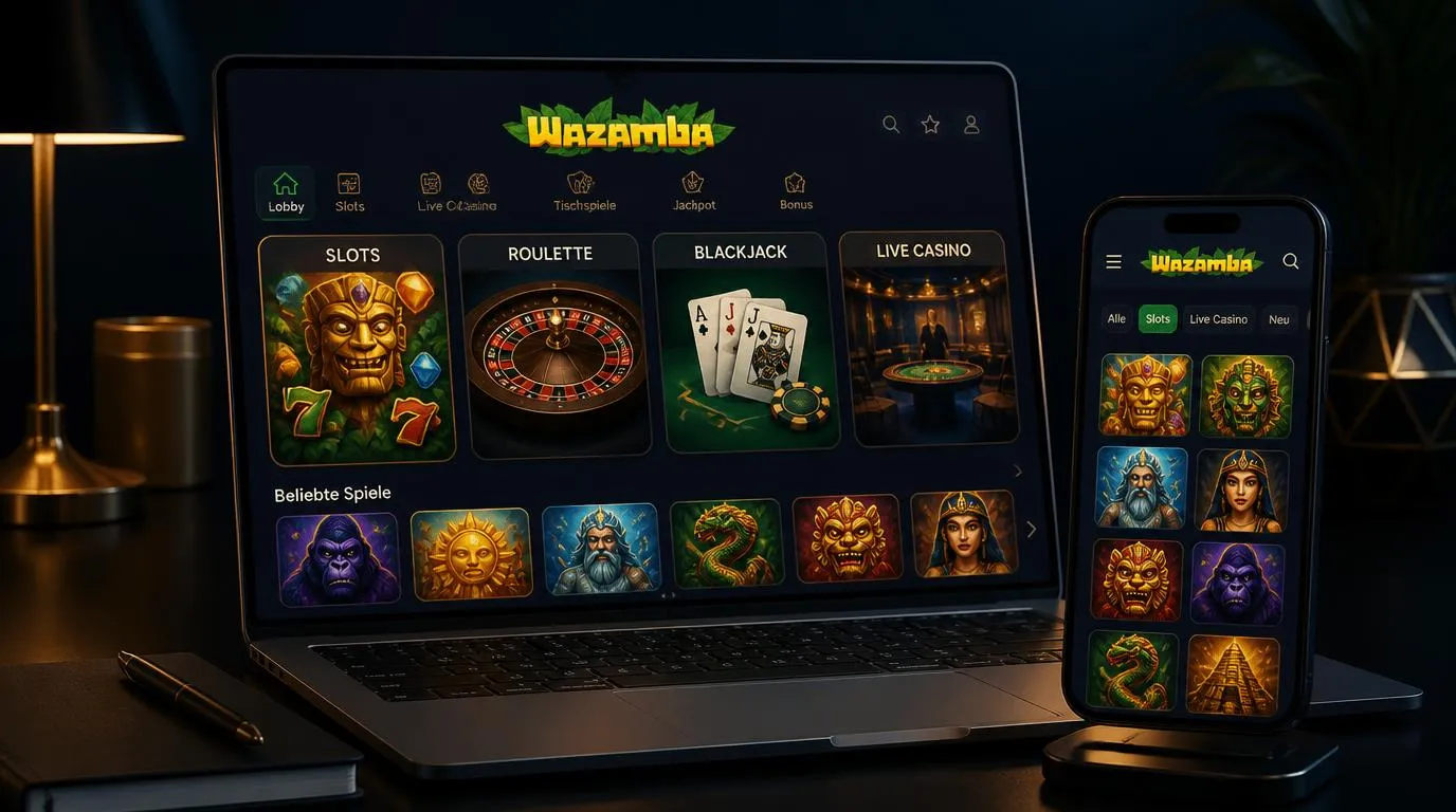 Casino-Lobby auf Laptop und Smartphone mit Slots, Roulette und Live-Tischspiel Kategorien