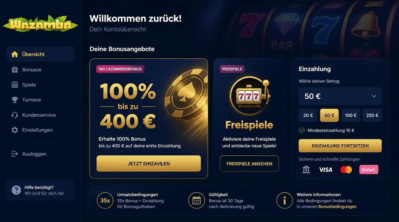 Bonusbereich eines Online-Casinos mit 100 Prozent Einzahlungsbonus bis 400 Euro und Freispielen