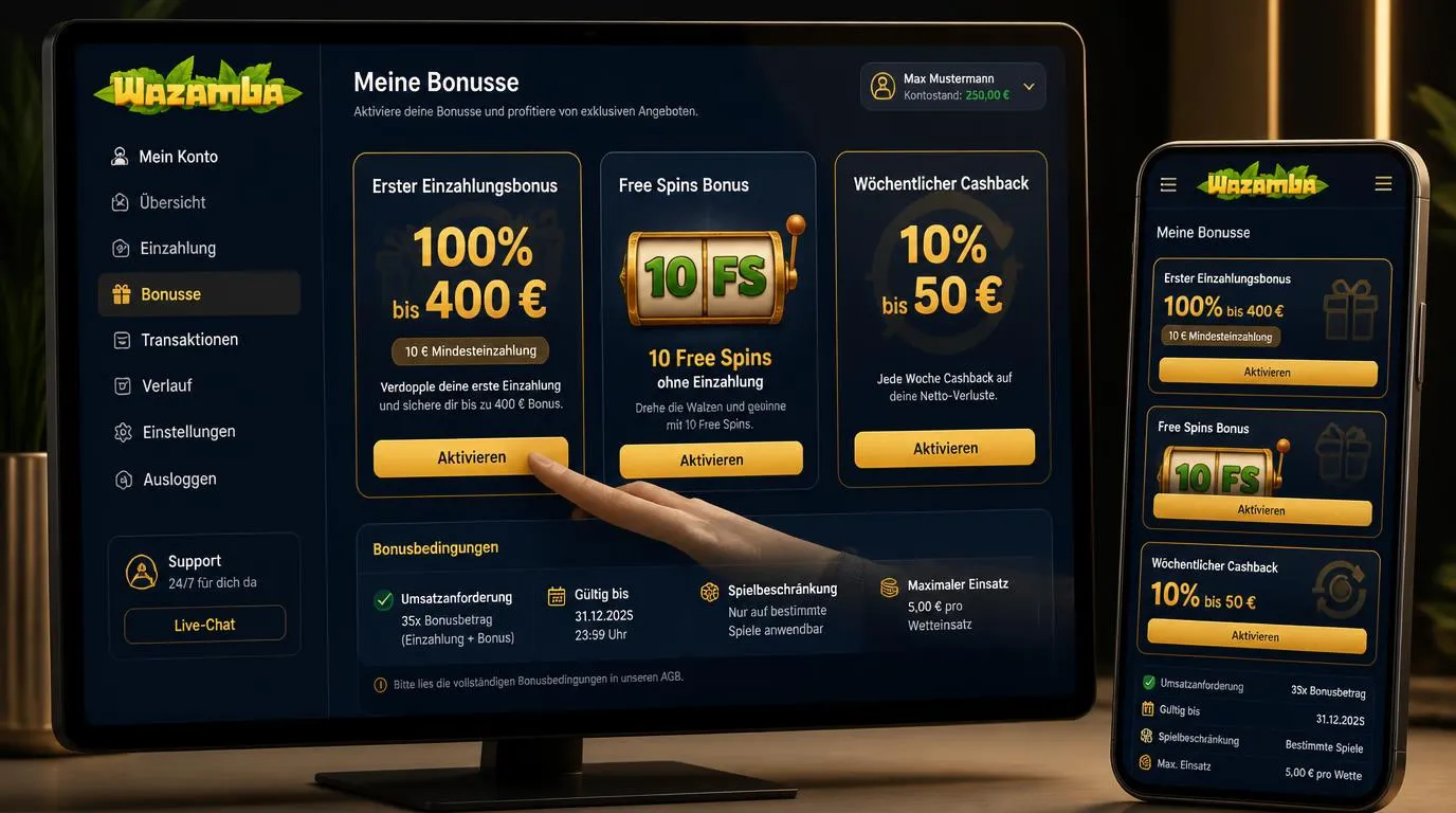 Bonusbereich eines Online-Casinos mit Einzahlung, Freispielen und wöchentlichem Cashback