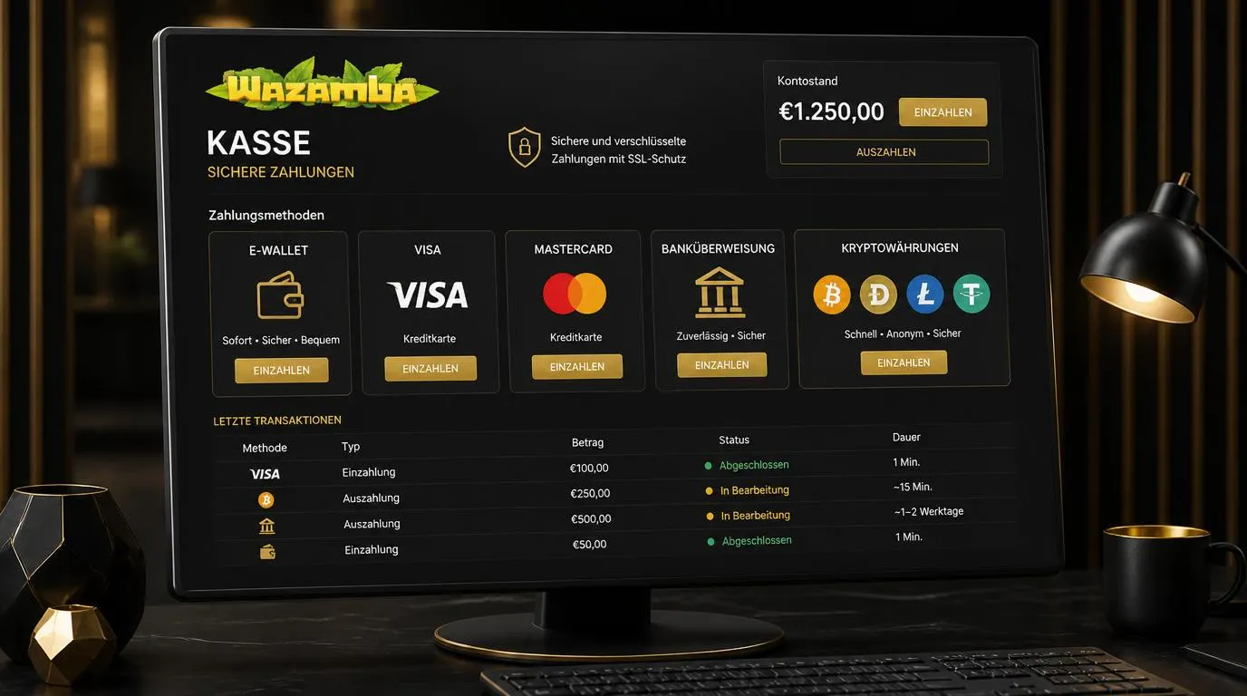Casino-Kassenansicht mit E-Wallets, Karten, Banküberweisung und Kryptowährungen für Ein- und Auszahlungen
