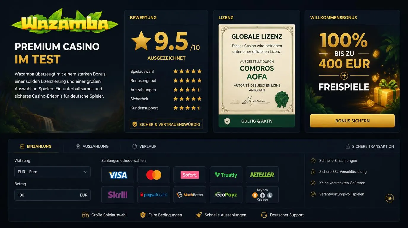 Casino-Bewertung mit 9,5 von 10 Punkten, internationaler Lizenz und Willkommensbonus bis 400 Euro