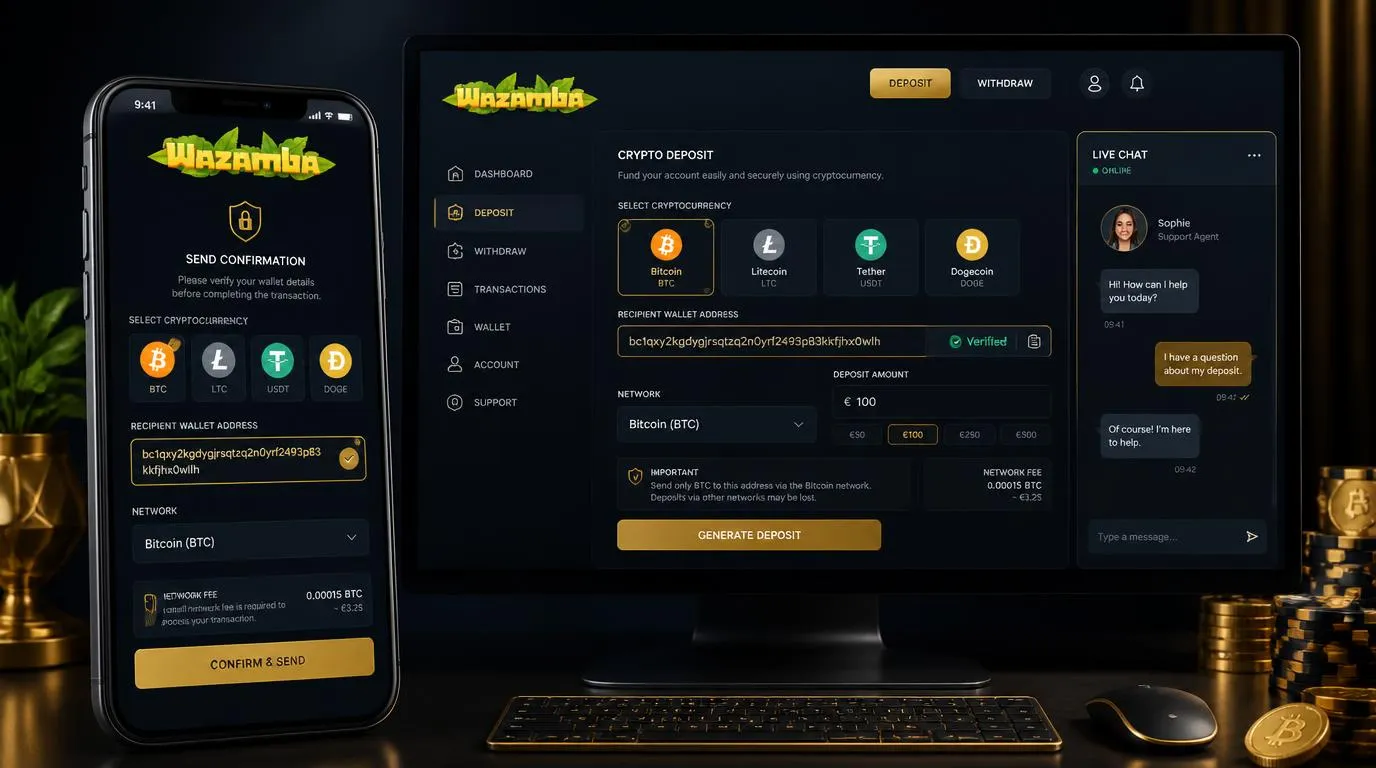 Kryptowallet auf Smartphone neben Zahlungsübersicht mit Bitcoin, Litecoin und Tether