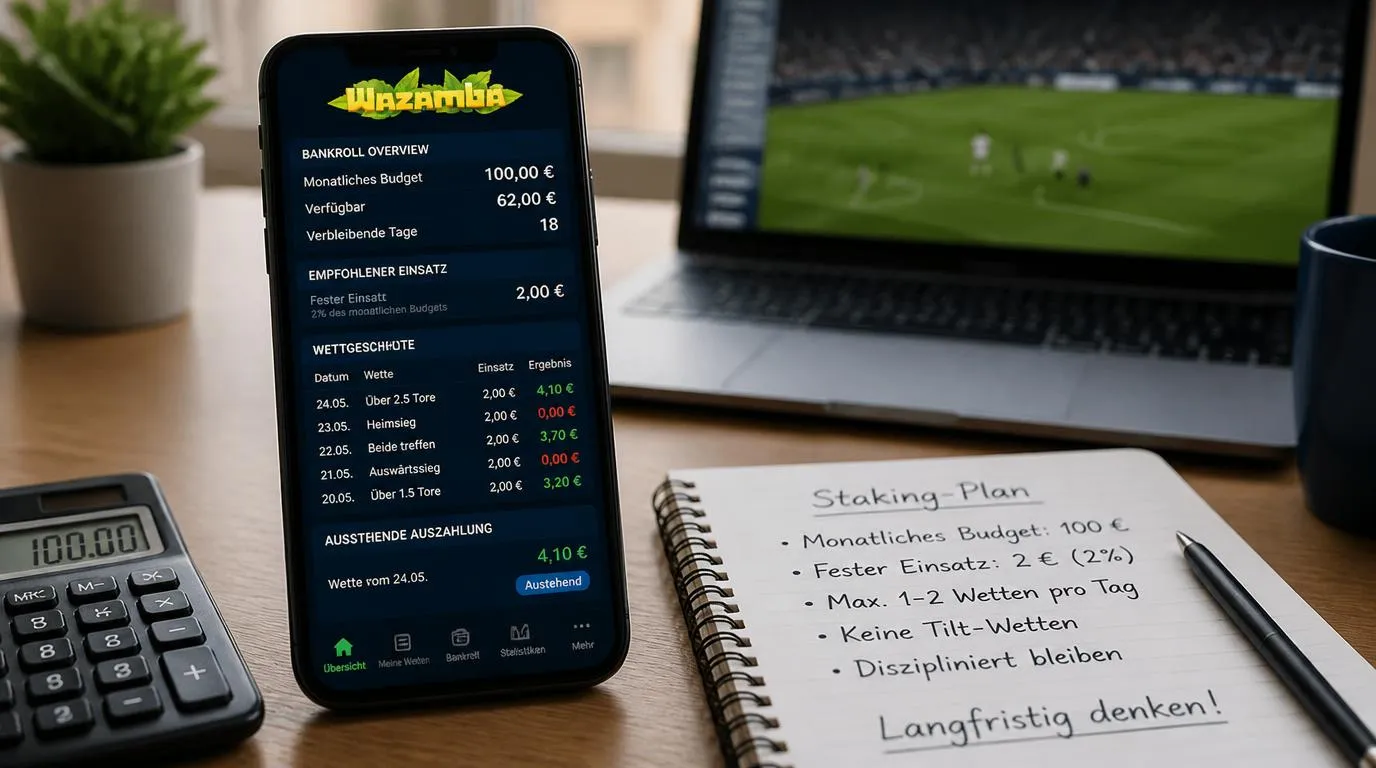 Sportwetten-Budget auf Smartphone mit Einsatzplan, Wettprotokoll und klarer Monatsübersicht