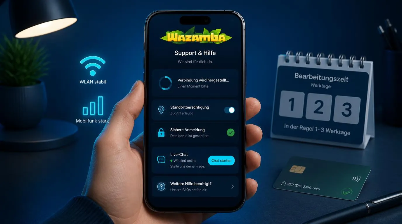 Smartphone mit Ladefehler, Standortfreigabe und Live-Chat zur mobilen Problemlösung